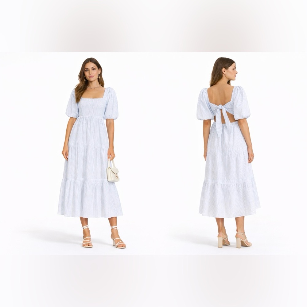 MINKPINK Melani Midi Dress XS Seersucker Blue White Pinstripe Cotton Tie NEW